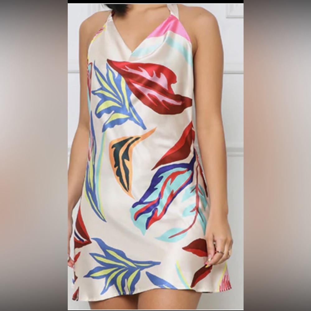 Colorful Leaf Print Mini Dress NWOT